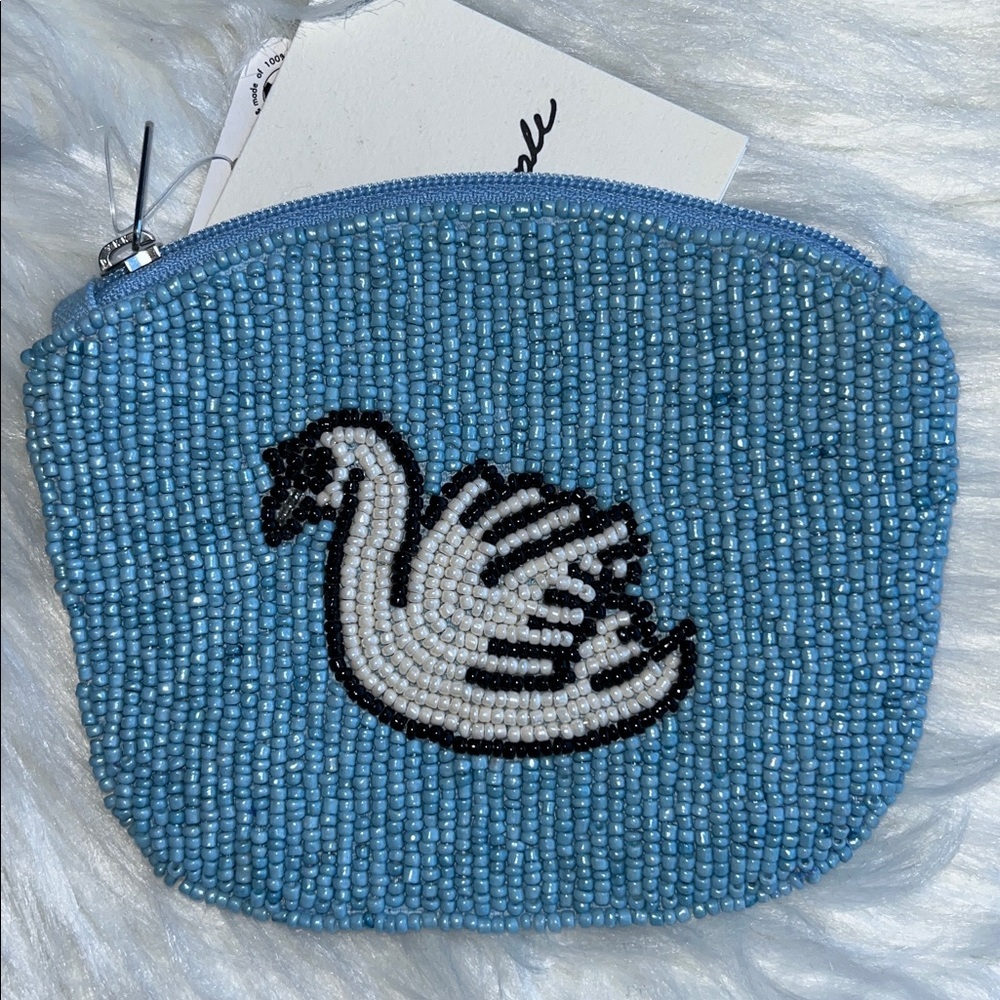 🆕 Free People Swan Lake Beaded Wallet Coin Pouch Blue